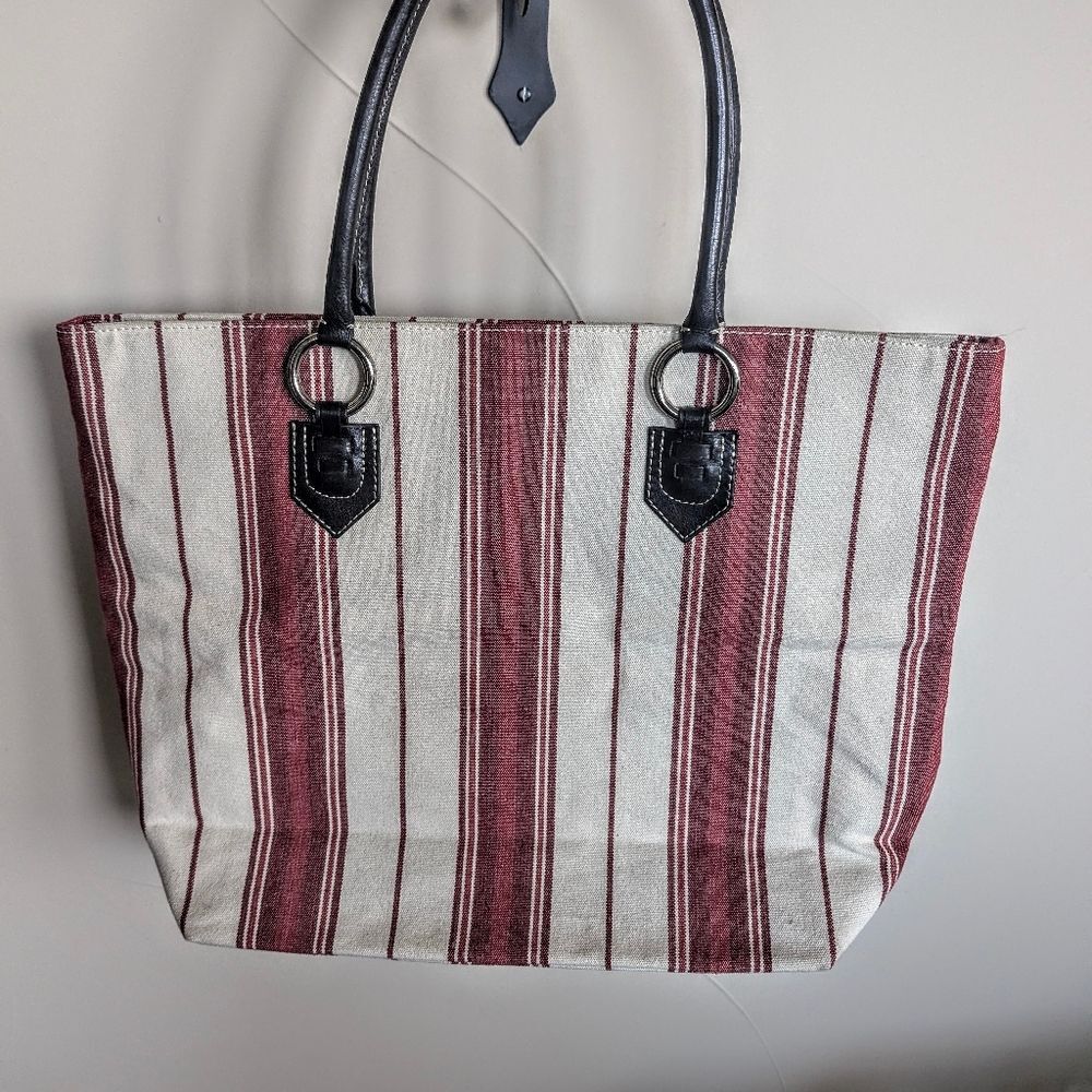 Banana Republic XL Striped Red & Cream Canvas Tote Bag w Black Leather Handles